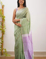 Outstanding Pista Cotton Silk Saree With Stunning Blouse Piece