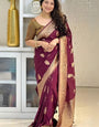 Stunning Wine Soft Silk Saree With Classy Blouse Piece