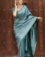 Embellished Rama Soft Silk Saree With Pulsating Blouse Piece