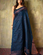 Inimitable Navy Blue Soft Silk Saree With Verdant Blouse Piece