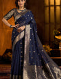 Adoring Navy Blue Soft Banarasi Silk Saree With Stunning Blouse Piece