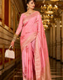 Precious Pink Pure Zari Weaving Banarasi Silk Saree With Fragrant Blouse Piece