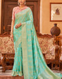 Dissemble Turquoise Banarasi Satin Silk Saree With Glittering Blouse