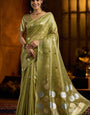 Breathtaking Green Soft Banarasi Tissue Silk Saree With Engrossing Blouse Piece