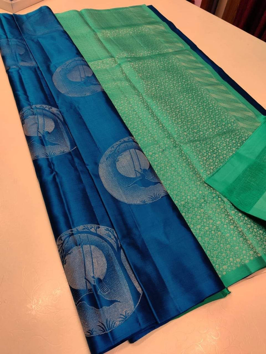 Women's Silk Blend Teal blue Woven Design Designer Saree With Blouse Piece