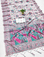 Luminous Off White Pashmina Saree With Intricate Transcendent Piece