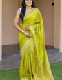 Surpassing Mehndi Soft Banarasi Silk Saree With Exceptional Blouse Piece