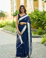 Elaborate Navy Blue Cotton Silk Saree With Ravishing Blouse Piece