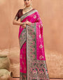 Whimsical Dark Pink Pure Zari Weaving Banarasi Silk Saree With Quintessential Blouse Piece