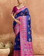 Ephemeral Navy Blue Pure Zari Weaving Banarasi Silk Saree With Desuetude Blouse Piece
