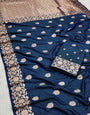Twirling Teal Blue Soft Banarasi Silk Saree With Assemblage Blouse Piece