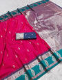 Desiring Dark Pink Pure Zari Weaving Banarasi Silk Saree With Flamboyant Blouse Piece
