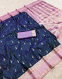 Snazzy Navy Blue Pure Zari Weaving Banarasi Silk Saree With Winsome Blouse Piece