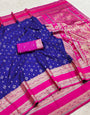 Super classy Royal Blue Pure Zari Weaving Banarasi Silk Saree With Efflorescence Blouse Piece