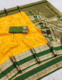 Engrossing Yellow Pure Zari Weaving Banarasi Silk Saree With Bewitching Blouse Piece