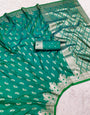 Most Flattering Green Soft Banarasi Silk Saree With Demure Blouse Piece