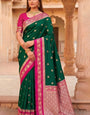 Lovely Dark Green Pure Zari Weaving Banarasi Silk Saree With Radiant Blouse Piece