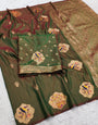 Desultory Green Pure Zari Weaving Banarasi Silk Saree With Bewitching Blouse Piece