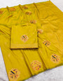An insanely Mustard Pure Zari Weaving Banarasi Silk Saree With Blissful Blouse Piece