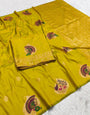 Twirling Mustard Pure Zari Weaving Banarasi Silk Saree With Opulent Blouse Piece