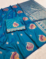 Cynosure Teal Blue Pure Zari Weaving Banarasi Silk Saree With A glam Blouse Piece