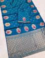 Opulent Teal Blue Pure Zari Weaving Banarasi Silk Saree With Susurrous Blouse Piece