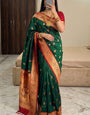 Artistic Dark Green Paithani Silk Saree With Bucolic Blouse Piece
