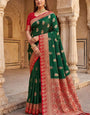Flattering Dark Green Pure Zari Weaving Banarasi Silk Saree With Susurrous Blouse Piece