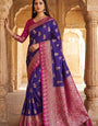 Blissful Royal Blue Pure Zari Weaving Banarasi Silk Saree With Incredible Blouse Piece