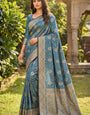Engaging Grey Banarasi Satin Silk Saree With Eloquence Blouse