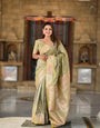 Adorable Mehndi Soft Banarasi Silk Saree With Majesty Blouse Piece