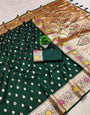 Symmetrical Dark Green Soft Banarasi Silk Saree With Improbable Blouse Piece