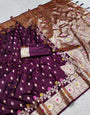 Zephyr Wine Soft Banarasi Silk Saree With Ethereal Blouse Piece