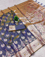 Embellished Grey Soft Banarasi Silk Saree With Enigmatic Blouse Piece