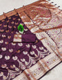 Classy Wine Soft Banarasi Silk Saree With Prodigal Blouse Piece