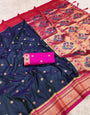 Adoring Navy Blue Paithani Silk Saree With Delightful Blouse Piece