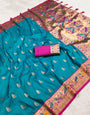 Stylish Firozi Paithani Silk Saree With Flattering Blouse Piece