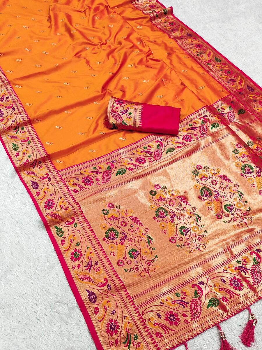 Orange Soft kanjivaram paithani silk saree with zari weaving