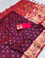 Exceptional Wine Paithani Silk Saree With Surpassing Blouse Piece