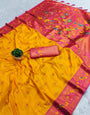 Ethnic Yellow Paithani Silk Saree With Gratifying Blouse Piece