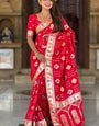 Enigmatic Red Soft Banarasi Silk Saree With Tempting Blouse Piece