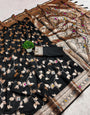 Verdant Black Pure Zari Weaving Banarasi Silk Saree With Eclat Blouse Piece