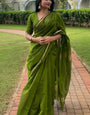 Enticing Green Cotton Silk Saree With Captivating Blouse Piece