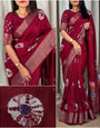 Charismatic Maroon Digital Printed Dola Silk Saree With Exuberant Blouse Piece