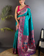 Super extravagant Firozi Paithani Silk Saree With Chatoyant Blouse Piece