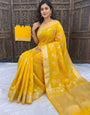 Profuse Yellow Banarasi Dola Silk Saree With Exquisite Blouse Piece