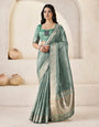 Traditional Green Zari Weaving Linen Silk Saree With Designer Blouse Piece
