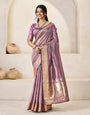 Smashing Lavender Zari Weaving Linen Silk Saree With Hypnotic Blouse Piece