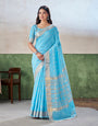 Entrancing Firozi Zari Weaving Linen Silk Saree With Ineffable Blouse Piece