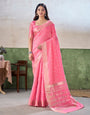 Flattering Pink Zari Weaving Linen Silk Saree With Susurrous Blouse Piece